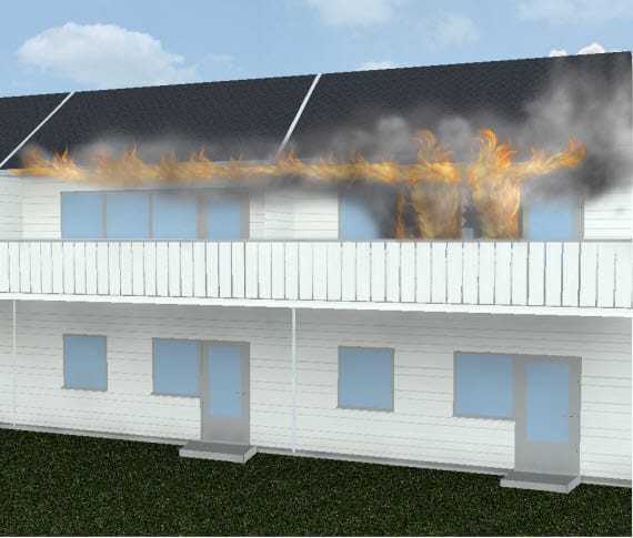 Illustrasjonen viser brann som sprer seg langs gesims og inn på loftet til naboleilighetene